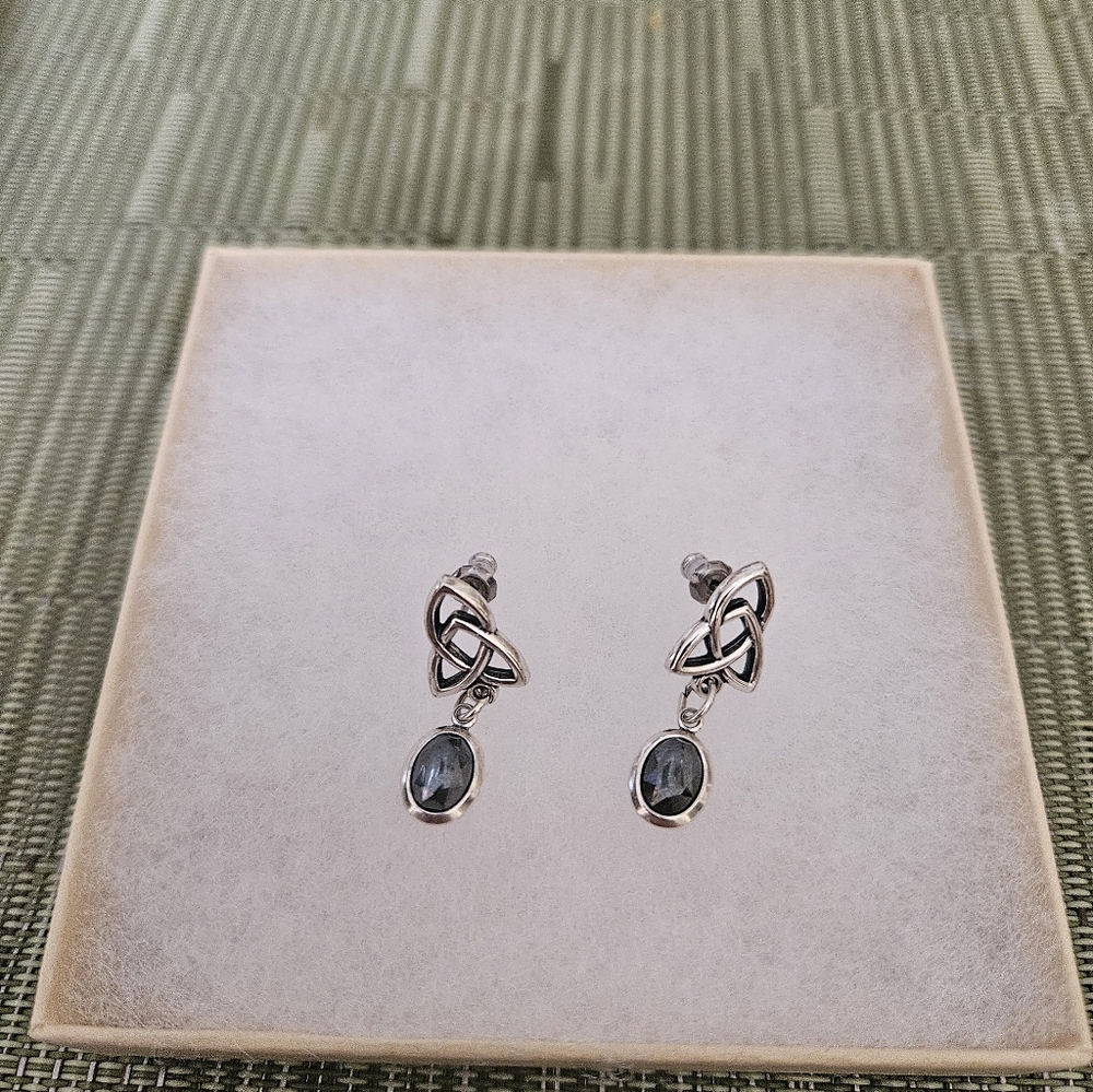 Elegant Celtic Knot Silver Drop Earrings with Black Accents